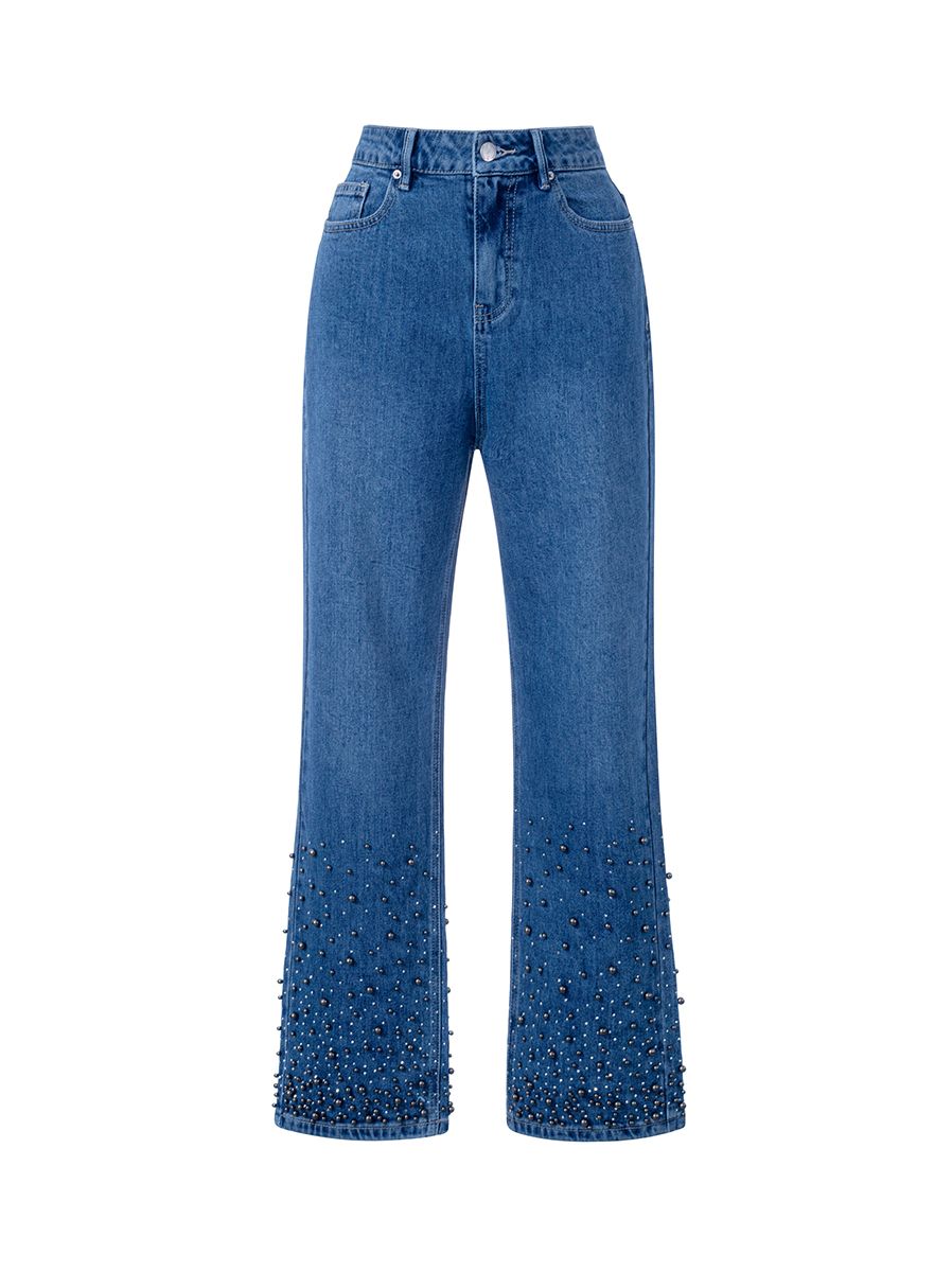 pearl embellishment denim pants