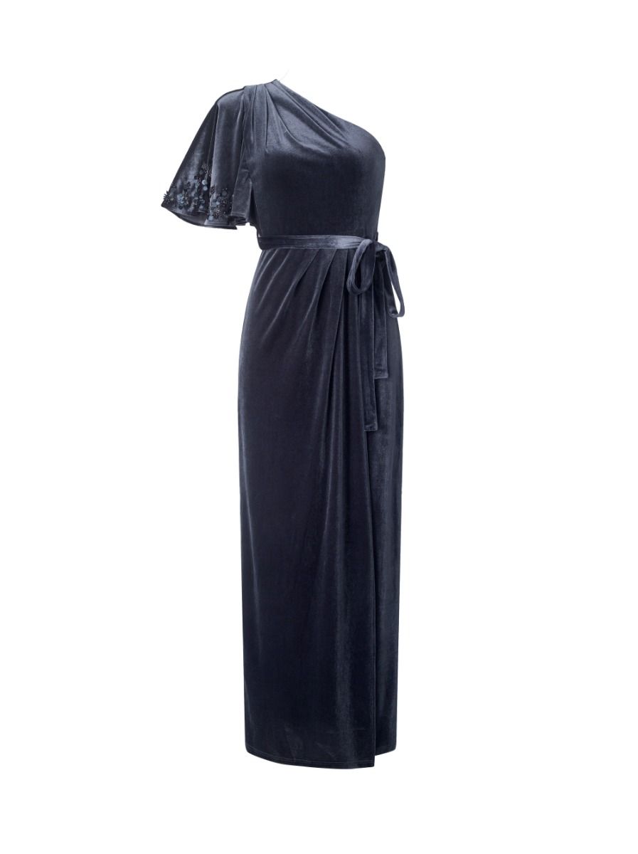 one-shoulder velvet dress