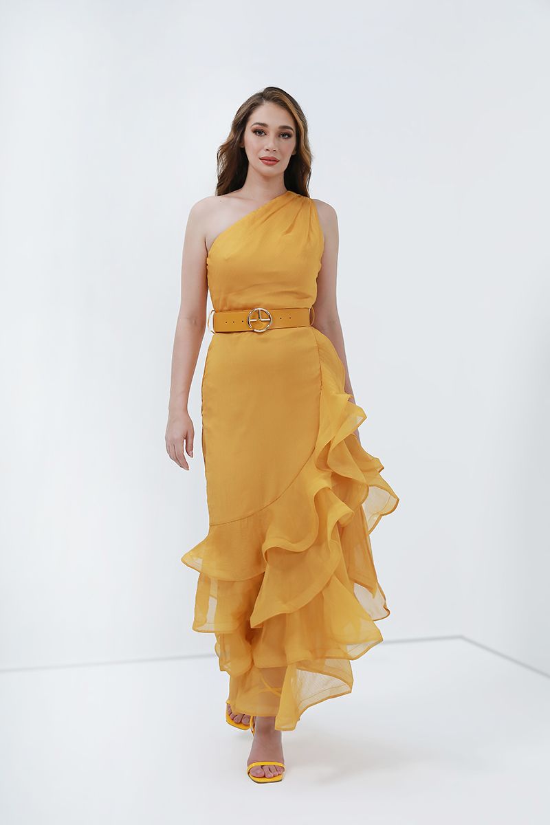 one-shoulder chiffon dress