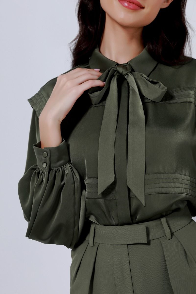 Satin self-tie neckline blouse