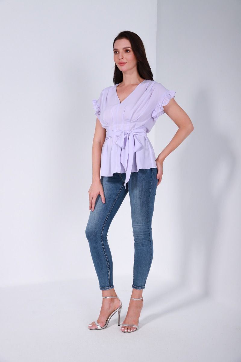 Ruffled sleeves top with belt