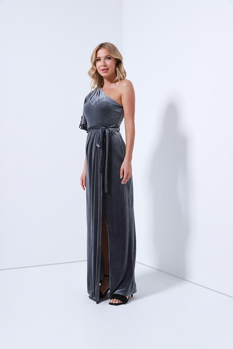 one-shoulder velvet dress