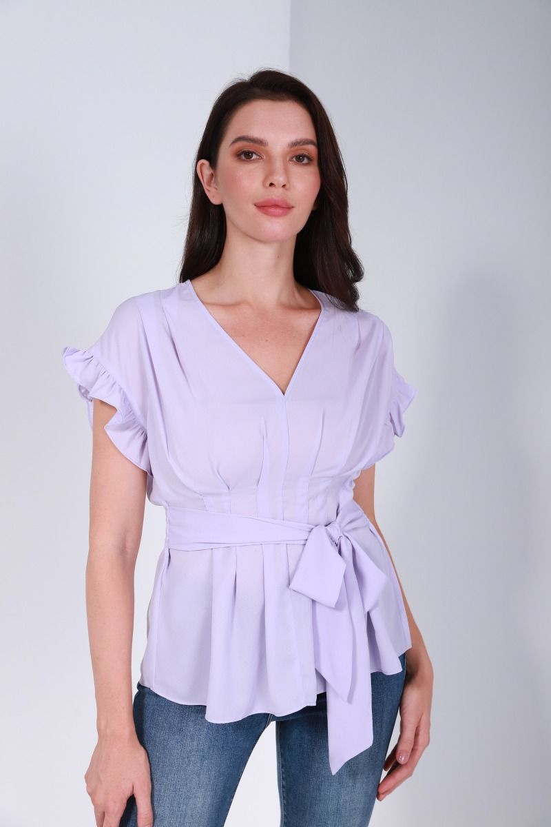 Ruffled sleeves top with belt